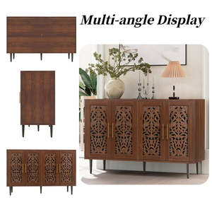 Armoire console en bois massif moderne du milieu du siècle sculptée à la main avec un design de buffet à portes moustiquaires florales complexes - Product Image 2