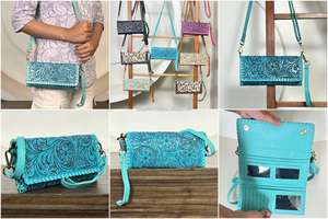 Bolso Mini Trifold de Cuero Vacuno Genuino con Diseño Floral Estilo Occidental, Vintage, Boho, Estilo Inglés, con Bloqueo RFID para Mujer - Product Image 3