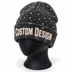 Rexfit Sports Pink Distressed Cuff Beanie Custom Front Print Rhinestone Studded Knit <b>Winter</b> <b>Hat</b> for <b>Women</b> Wholesale - Product Image 2