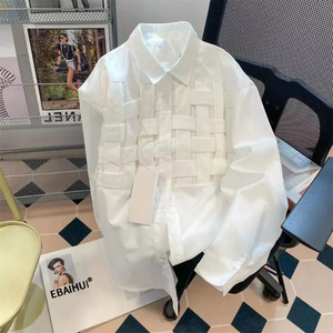 EBAIHUI mujeres sólido hueco solapa manga larga cintura suelta moda Patchwork blusa Chic Casual Poly camisa 2023 - Product Image 5