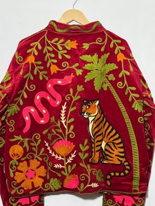 Eclectic Styling Hand Embroidered Suzani <b>Velvet</b> Jacket Tiger Snake Maroon Palm Tree Artwork Outwear Statement Floral Boho <b>Coat</b> - Product Image 6