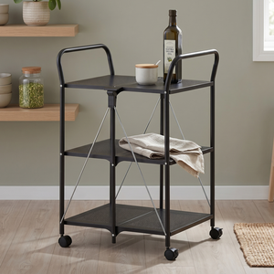 Black Steel Three-Tier Storage Cart with Four Wheels Movable Kitchen <b>Trolley</b> for Home Use - Product Image 1
