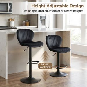 Set di 2 Sgabelli da Bar Neri con Altezza Regolabile e Rotazione a 360 Gradi, Rivestiti in Velluto Olandese per Cucina e Pub - Product Image 5