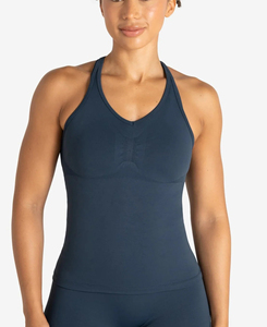 Lightweight Custom Made <b>Women's</b> <b>Navy</b> Blue Halter Neck Woven <b>Tank</b> <b>Top</b> Breathable Spandex Polyester Short Ribbons Sporty Style - Product Image 1