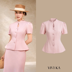 Blusa Elegante Rosa para Mujer con Cuello Mandarín y Abertura en el Escote, Estilo Peplum, para Oficina o Casual, Top Entallado, Tejido Liso Teñido Transpirable - Product Image 1