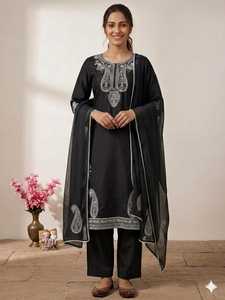 Women Black CHINNONSILK Salwar Kameez With Embroidered Dupatta Traditional Casual Wear India Pakistan Style Ankle Length Regular - Product Image 1