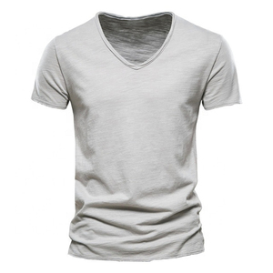 เสื้อยืดคอกวีแขนสั้นผู้ชาย ผ้าฝ้าย 100% ทรงปกติ สไตล์ลำลอง รับสกรีนโลโก้ แห้งเร็ว สีเบจ ผ้าถัก - Product Image 3