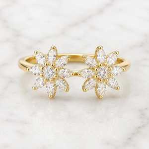 Anillo de doble banda con diamantes florales cultivados en laboratorio, corte marquesa y redondo, para mujer, oro macizo de 14K, amuleto de pareja, ideal para regalo de aniversario. - Product Image 1