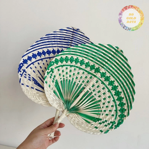 Abanico de mano de bambú y rafia de colores, artesanía tradicional de verano, tejido de hoja de palma, paja y ratán, forma redonda/de corazón - CARYLN - Product Image 4