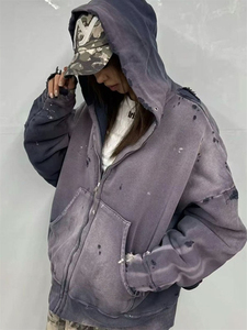 Oversized <b>Crop</b> <b>Zip</b>-<b>Up</b> <b>Hoodie</b> Men's Solid Color French Terry Sweatshirt With Spray Printing And Washed Effect OEM ODM - Product Image 4