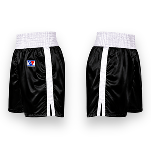 Shorts de boxe personnalisables en satin noir 100 % polyester, séchage rapide, unisexe, pour adultes, vêtements d'arts martiaux, logo frontal, coupe ample - Product Image 4