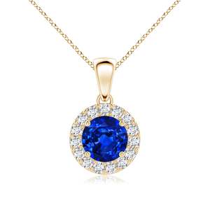 Classic Handmade Customized Fine Jewelry <b>Pendant</b> Top Quality 14K <b>Solid</b> <b>Gold</b> Round Cut Blue Sapphire & Diamond Halo <b>Pendant</b> ODM - Product Image 1