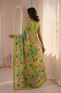 Sari en coton brodé de fleurs vertes avec bordure en dentelle, tenue traditionnelle indienne pour femmes, style décontracté, toutes saisons - Product Image 4