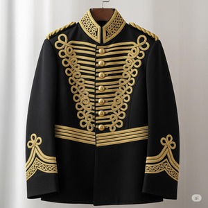 เสื้อแจ็คเก็ตฮุสซาร์ขนสัตว์สีดำสำหรับผู้ชาย แต่งลายถักสีทอง สไตล์ทหาร - Product Image 1