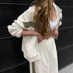 <b>Women's</b> <b>White</b> Olive Colorblock Hooded <b>Tracksuit</b> Full Sleeve Zipper Loose Fit Casual Spring Wear With Side Pockets - Product Image 2