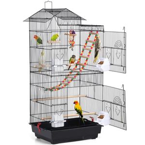Grande cage à oiseaux en métal 39"H avec toit pour petits oiseaux, noire - Product Image 1