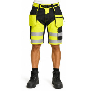 Shorts de travail de sécurité en toile éco-responsable, style sportif, respirants, avec ceinture élastique et bande réfléchissante haute visibilité, vente en gros - Product Image 2