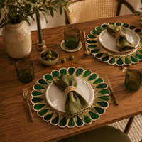 Set de table rond fait main de style bohème avec motif géométrique turquoise et bordure dorée, épaisseur moyenne, lavable, décoration d'intérieur, diamètre 35 cm