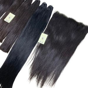 Extensions de cheveux à trame machine double tirage de haute qualité et frontale HD 13x6 en cheveux humains vietnamiens bruts, noir naturel, en lots - Product Image 1