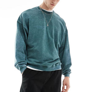 Sudadera Oversize de Cuello Redondo para Hombre, Color Sólido, Teñido en Prenda, Felpa Francesa, Estilo Casual para Otoño, Pantalones Cargo Negros - Product Image 2