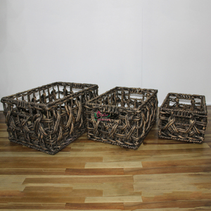 Handmade Rustic Eco Friendly Water Hyacinth Woven <b>Storage</b> Basket Set Shelf <b>Bin</b> <b>Wooden</b> Handles - Product Image 1
