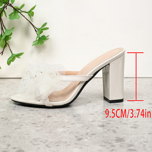 Socialite-style Mesh Pearl PU Upper Ultra-High <b>Heel</b> Women's Chunky-<b>Heel</b> Ankle-Strap Pointed Toe <b>White</b> Summer Casual Sandals - Product Image 5