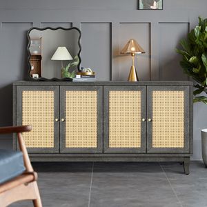 Handcrafted Premium Grain Panels Modern Storage Console Table with 4 Rattan Doors <b>Sideboard</b> Buffer Cabinet - Product Image 1
