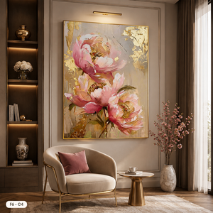 Toile d'art moderne peinte à la main avec des fleurs de pivoine, accent doré, décoration murale encadrée F6-C4 - Product Image 6