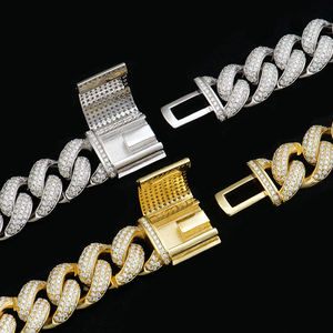 Men's Rhodium Plated 18k <b>Solid</b> <b>Gold</b> Cuban Chain Necklace with Crystal Rhinestone Inlay Classic Geometric Wedding Jewelry - Product Image 4