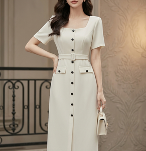 Vestido Maxi Elegante para Mujer, Fabricado en Vietnam, Cuello Alto, Manga Corta, Ajustado, con Botones y Bolsillos, para Oficina, Cintura Natural - Product Image 1