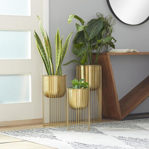 Juego de 3 macetas metálicas para interiores y exteriores, color oro satinado, decoración moderna con estilo de maceta dorada, juego de 3 macetas metálicas para plantas de interior. - Product Image 6