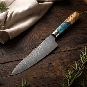 Couteau de Chef Personnalisé en Acier Damas avec Manche en Bois d'Olivier, Couteau de Cuisine avec Étui en Cuir, Fait Main, Tranchant pour Viande et Légumes - Product Image 1