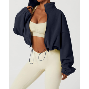 New Arrival <b>Women's</b> <b>Navy</b> Blue Fleece Zip-Up Crop Jacket Stand Collar Full Sleeve Autumn Wear Solid Color Unlined Sweatshirt OEM - Product Image 3
