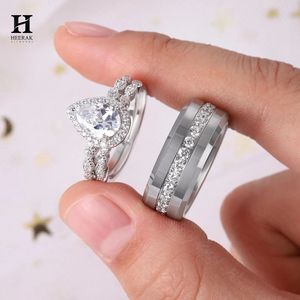 Luxury <b>Couple</b> Wedding <b>Ring</b> Set Pear Cut Lab Grown Diamond Halo <b>Ring</b> Mens Wide Eternity Band His and Hers - Product Image 3