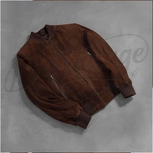 Handcrafted Cocoa Goat <b>Suede</b> Bomber with Minimalist Rib-Knit Collar Wholesale Velvety Soft-Touch <b>Men's</b> Luxury Top - Product Image 2