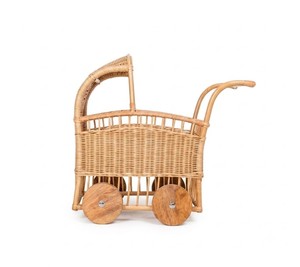 Poussette pour poupée en rotin naturel artisanal avec poignée courbée, panier tissé avec auvent et roues en bois pour la chambre d'enfant - Product Image 2