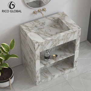 Meuble-lavabo de salle de bain moderne en marbre avec vasque carrée en pierre, miroir sans cadre inclus, finition polie, design sur pied - Product Image 6