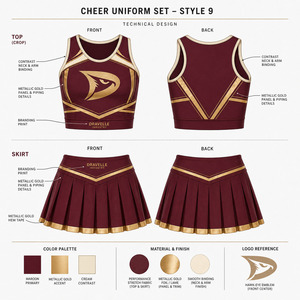 Ensemble d'uniformes de cheerleading pour femmes, bordeaux et or, polyester et élasthanne, haut court et jupe plissée, tenue de compétition - Product Image 6