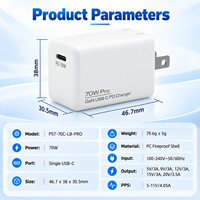 Chargeur mural compact pliable 70W GaN USB-C PD à charge rapide pour ordinateur portable, tablette et téléphone