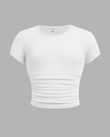 Kaos Rajut Slim Fit Putih Solid Bahan Spandex/Nilon Bernapas 180g Model Crop Wanita Lengan Pendek Kerah Bulat Bergaris Kerut Kasual