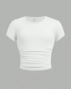 Camiseta Corta Blanca Ajustada de Punto con Spandex/Nylon Transpirable para Mujer, Manga Corta, Cuello Redondo, Acanalada y Fruncida, Estilo Casual - Product Image 2