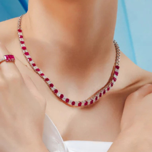 18K White Gold <b>Ruby</b> Diamond Tennis <b>Necklace</b> with Natural VS1 Diamonds - Product Image 1