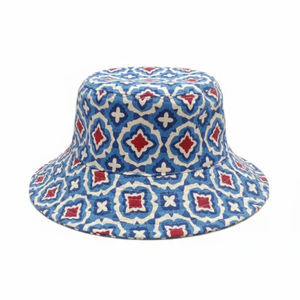 Sombrero de Pescador de Piel Sintética con Decoración de Lazo Bordado a Mano en Azul con Bloques de Color de Inspiración Vintage, Personalizado, Unisex, Talla Única, para Exteriores - Product Image 1