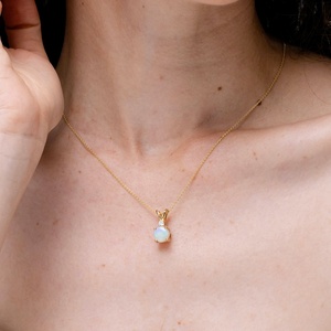 Premium Quality Natural Gemstone & Diamond 2 Stone <b>Pendant</b> 14K <b>Gold</b> Round Opal Solitaire V-Bale <b>Pendant</b> with Diamond Necklace - Product Image 5