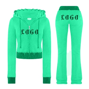Ensemble sweat à capuche et pantalon en tricot vert pour femme, avec logo personnalisé imprimé, vêtement décontracté à manches longues, fermeture éclair sur le devant, motif lettres - Product Image 3