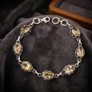 Vintage 925 Silver Bracelet With Water Drop Citrine Bezel Setting <b>Chain</b> Link Women's Everyday Wear Jewelry - Product Image 6