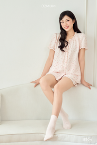 B2 MUM B904 ชุดกางเกงขาสั้นผ้าลินินพิมพ์ลายดอกไม้สีชมพูสำหรับหญิงตั้งครรภ์นุ่มสบายระบายอากาศได้ดีกระเป๋าเอวยางยืดปรับได้ - Product Image 3