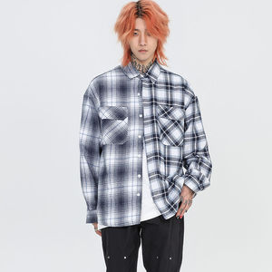 เสื้อเชิ้ตผ้าสักหลาดลายสก็อตทรงโอเวอร์ไซส์สำหรับผู้ชาย แขนยาว สไตล์สตรีทลำลอง ทรงปกติ ดีไซน์ลายทอ - Product Image 1