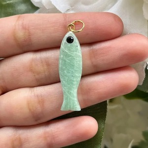 Natural Amazonite With Peridot Birthstone Fish Eye Pendant, Handmade Carved Gemstone Necklace Gold Plated Lucky Fish Jewelry - Product Image 2