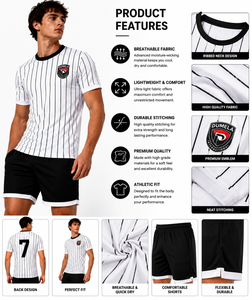 ชุดฟุตบอลชาย Dumela International ลายทาง เสื้อสีดำ กางเกงขาสั้นสีดำ ระบายอากาศได้ดี เป็นมิตรกับสิ่งแวดล้อม ผลิตจากโพลีเอสเตอร์ เหมาะสำหรับฤดูร้อน ชุดกีฬาทีม - Product Image 6